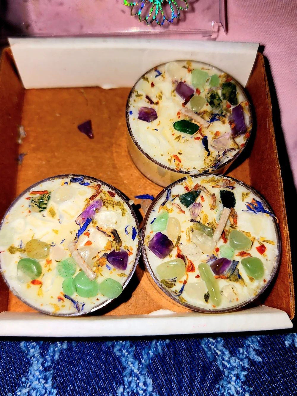 Secret Garden Tea Light Crystal Candles - White with Green & Purple Accents
